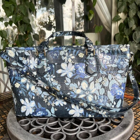 Brahmin Leather Croc Mini Asher Melbourne Blue Floral Bag & Ady Wallet EUC - Picture 7 of 12
